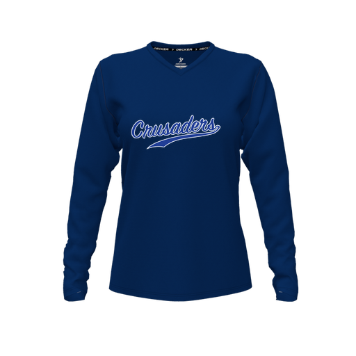 [CUS-DFW-TEES-CMF-VNK-LSL-NVY-FYXS-LOGO2] Comfort T-Shirt (Female Youth XS, Navy, V Neck, Logo 2, Long Sleeve)